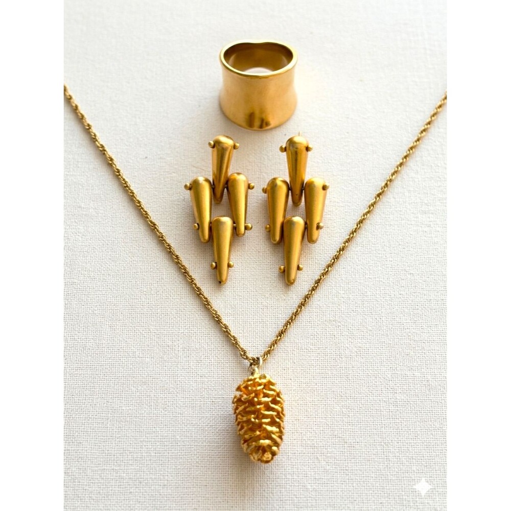 Gold Tone Jewelry Lot • Pinecone Pendant Necklace, Modernist Earrings & Ring Set
